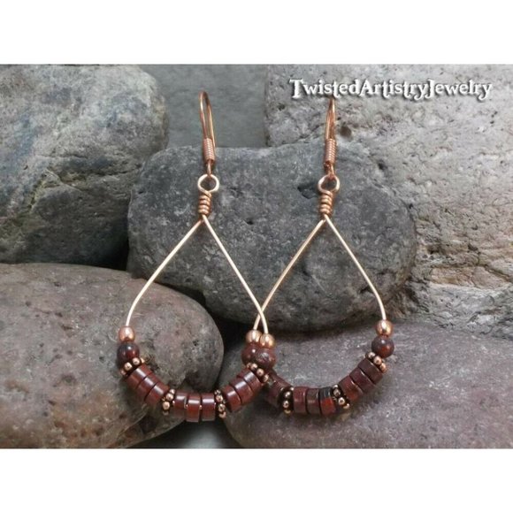 Twisted Artistry Jewelry Jewelry - Red Jasper Beaded Copper Teardrop Hoop Earrings One-Of-A-Kind Handmade